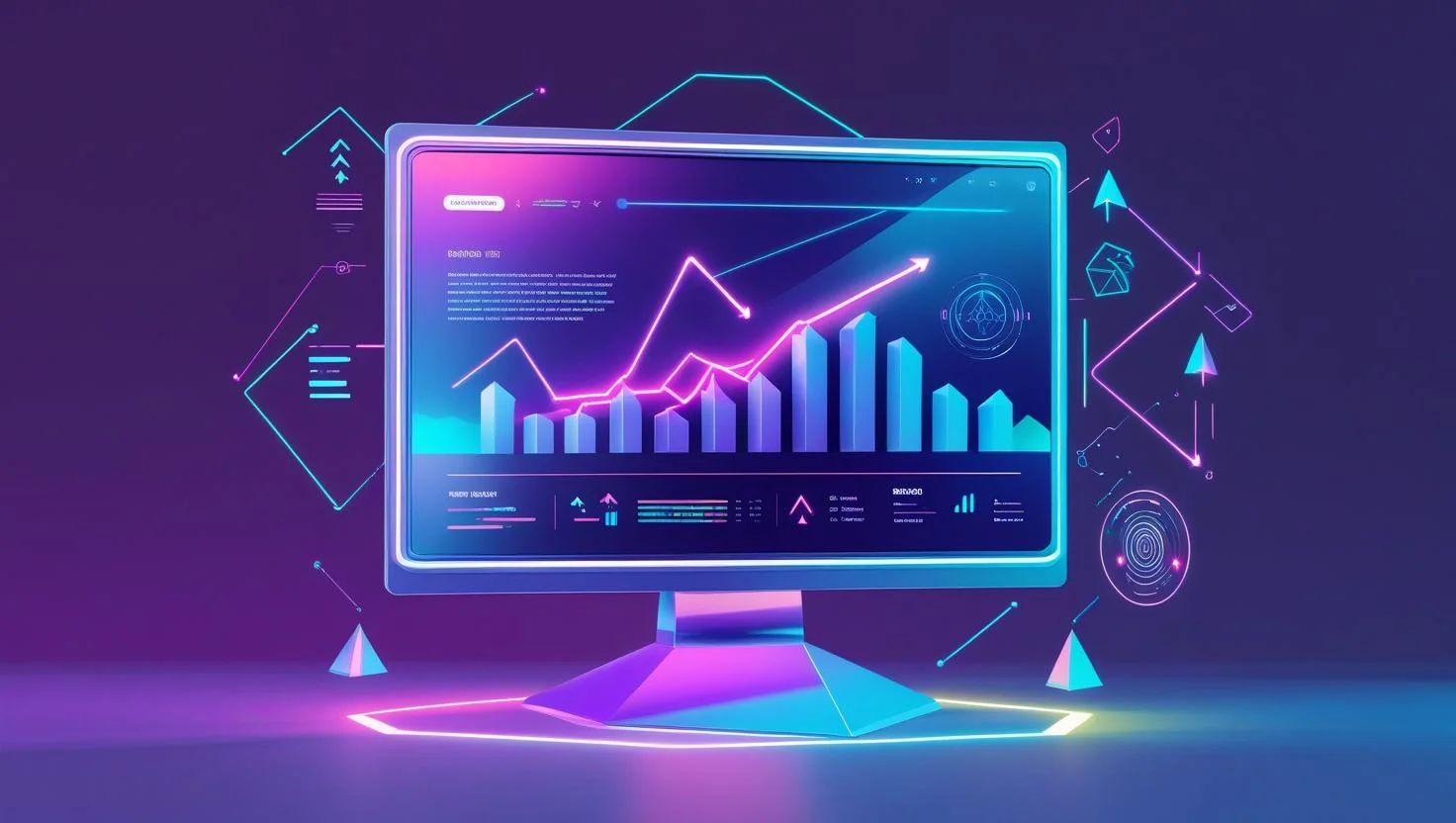 Isometric high-tech computer illustration, futuristic neon palette