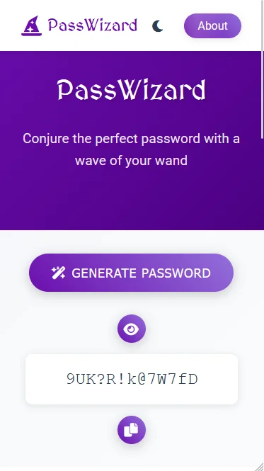 Mobile screenshot of the PassWizard password generator app