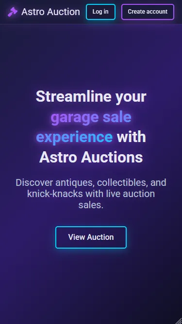 Mobile screenshot of the Astro Auction web app