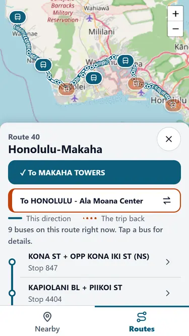 Mobile screenshot of the Wea Da Bus web app